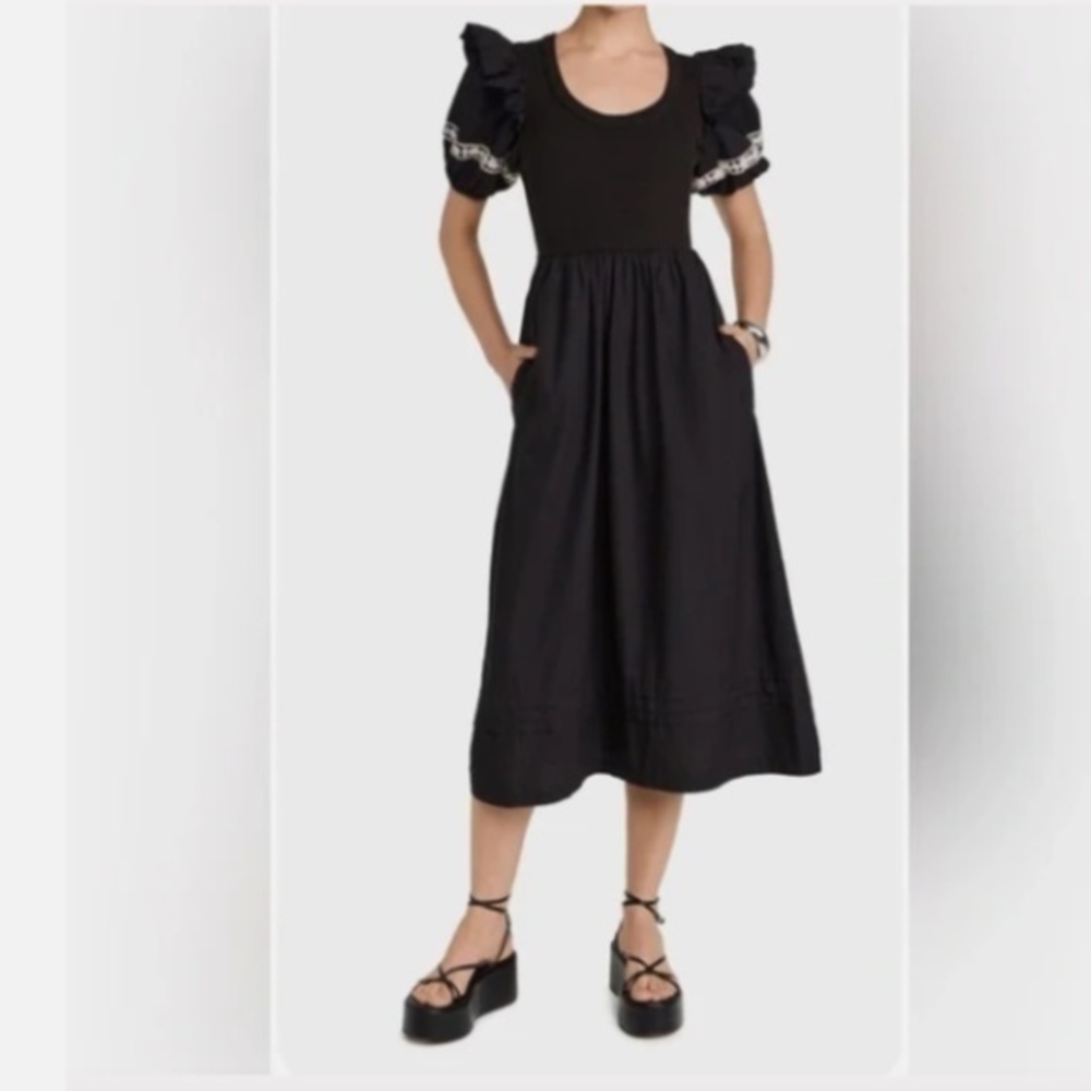Cleobella Selma Black Puff Sleeve Midi Dress Nwt S